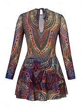 رخيصةأون مايوه قطعة واحدة-بيكيني نسائي قطعة واحدة ملابس السباحة مع تنورة فستان بوهيمي للتحكم في البطن خصر عالي أنيق بلا ظهر إجازة ملابس الشاطئ رسومات هندسية عنق دائري بلا أكمام وأكمام طويلة