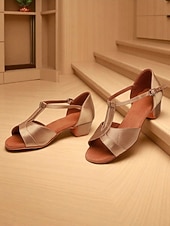 cheap Latin Shoes-Girls' Satin Latin Dance Shoes - Brown T-Strap Low Heel Ballroom Sandals for Kids and Teens Practice and Competitions