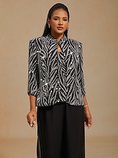  女性用 ドレッシーなトップス ツインセット スパンコール ラインストーン 動物 レオパード エレガント パーティー レディース 七分袖 スタンドカラー レギュラートップス パーティー パーティーイブニングウェア パーティー衣装 Sliver 春 秋 冬