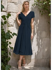 cheap Casual / Daytime Wedding-A-Line Mother of the Bride Dress Formal Wedding Guest Elegant Simple Minimalist V Neck Tea Length Chiffon Short Sleeve with Pleats Ruched
