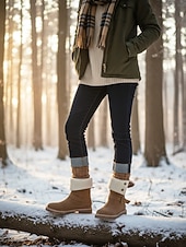 preiswerte Schnee- und Winterstiefel-Beige Wildleder-Schneestiefel für Damen, mittelhoch, mit Schnallenriemen – warme, mit Sherpa-Fleece gefütterte Winterstiefel für Outdoor-Aktivitäten im Schnee und auf Reisen