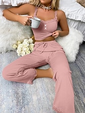 abordables Tops y pantalones de dormir para mujer-Mujer Conjunto pijama Casual Confort Color puro Cintura elástica Top de tirantes Pantalón Hogar Diario Sin Mangas Correas Azul Piscina Negro Rosa Azul Marino Verde Trébol Verano Primavera Otoño