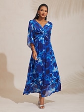 billiga Designklänningar och jumpsuits-abstrakt blommig v-ringad maxiklänning med knut framtill och utsvängda ärmar