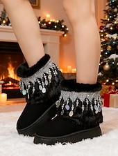 cheap Snow &amp; Winter Boots-Women's Beige Faux Fur Snow Boots with Rhinestone Tassel Fringe – Warm Platform Ankle Booties for Winter Parties, Christmas &amp; Holiday Fashion