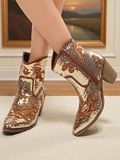 Недорогие Ковбой и западные ботинки-женские ботильоны в стиле вестерн с золотыми пайетками и цветочной вышивкой – удобный блочный каблук для вечеринок, фестивалей и повседневной носки