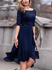 tanie Prosta sukienka-Damskie Sukienka midi Sukienka A line Sukienka z falbanami Elegancja Impreza koktajl Na zewnątrz Impreza Gość weselny Koronka Niejednolita całość Szczupła Jednokolorowe Rękaw 3/4 Z odsłoniętymi