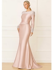 preiswerte Meerjungfrau Abendkleider-Meerjungfrauenschnitt Bodenlang Abiballkleider Abendkleid Ballkleid Festliche Kleidung Elegant Glitzern Langarm Rundhalsausschnitt Formell Hochzeit Stretch Satin mit Perlen