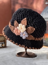 tanie Kapelusze damskie-Damska czapka beanie z dzianiny – miękki wełniany materiał, wiele kolorów, zdobienie w postaci kwiatów 3D, podszewka z polaru zapewniająca ciepło, idealna na święta Bożego Narodzenia i zimowe aktywności na świeżym powietrzu