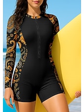 Недорогие Рашгард One Pieces-Жен. Рашгард Купальный костюм Бойлег Цветочный принт Огурцы Застегнуться Съёмные вставки Передняя молния УФ-защита от солнца UPF50+ Ультралегкий (UL) Длинный рукав Купальники Рашгард