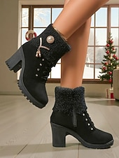 baratos Botas de neve e inverno-Botas femininas marrons de cano curto com salto alto – botas de inverno de couro sintético com cadarço, punhos de tricô e detalhes em pérola, perfeitas para o Natal e looks do dia a dia.