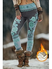 abordables Estampado Floral-Mujer leggings forrados de polar Polainas Vacaciones Vintage Estilo Étnico Longitud total Alta cintura Floral Graphic Impresión 3D Mantiene abrigado Resistente al Viento Confortable Elástico Diario