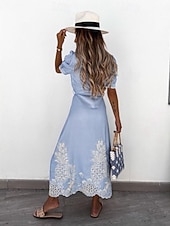preiswerte Einfaches Kleid-Damen Midikleid Sommerkleid Urlaub Lässig Boho Ausgehen Normale Passform Blumen Kurzarm Umlegekragen Blau Weiß Weiß Sommer Frühling