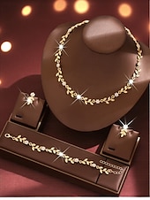 billige Halskjede for kvinner-kvinners gullblad &amp;rødt krystallsmykkesett - delikat halskjede, dråpeøreringer &amp;matchende armbånd, romantisk blomstertilbehør til fester, bryllup &amp;spesielle arrangementer