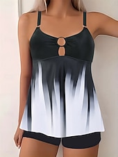 お買い得  タンキニ-ウィメンズ タンキニ 2ピース 水着 ショーツ お腹引き締め ハイウエスト スリム バックレス バケーション ビーチウェア グラデーション Uネック ノースリーブ 水着