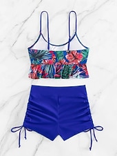levne Tankiny-Dámský tankini 2-dílný plavecký úbor s řasením palm šortky kontrola břicha vysoký pas štíhlé bez zad dovolená plážové oblečení květinový kulatý výstřih bez rukávů