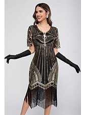 preiswerte 1920er Kleider-Goldene Zwanziger 1920er Knielang Flapper Kleid Kurze Ärmel Der große Gatsby Pailletten Fransen V Ausschnitt Kostüm Damen Weihnachten Karneval Flüsterkneipe Maskerade Retro-Mottoparty Erwachsene