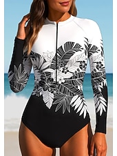 baratos Rash Guards de Uma Peça-Mulheres Segunda-pele para Mergulho Roupa de banho Roupas de Banho Esportivas Floral Tropical Zip Up UPF50+ Secagem Rápida Leve Manga Longa Camisa de Natação Surfe Praia Esportes Aquáticos Verão