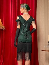 abordables Vestidos de los años 20-Conjunto Rugido 20s 1920s Hasta la Rodilla Vestidos Vestido Flapper Accesorios con accesorios Hombro frío Mangas cortas El gran Gatsby charlestón Lentejuelas Borlas Pluma Escote en Pico Disfraz Mujer