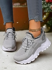 tanie Trampki damskie-Damskie czerwone trampki z podszewką z polaru - ciepłe, dzianinowe buty codzienne z antypoślizgową podeszwą, wygodne obuwie świąteczne na zimowe spacery i podróże