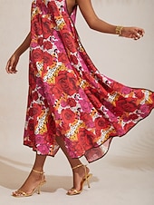 billiga Semesterklänningar-Dam Bandklänning Solklänning Sommarklänning Midiklänning Rubinrött Rem Tryck Reste sig Blommor V-ringad Mönster Asymetrisk fåll Vår &amp; sommar V-hals Sexig V-Front semester klänning Semester S M L