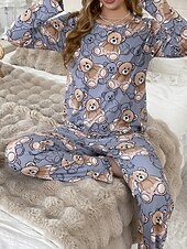 billige Natttøy-Dame Pyjamas lounge Pyjamas Sett Fritid Tegneserie Elastisk midje Bukse Hjem Seng Langermet Crew-hals Blå Vår Høst Løstsittende