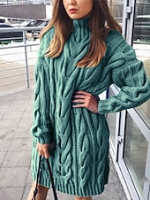 preiswerte Pulloverkleider-Damen Pullover Pullover Kleid Lässig Weich Einfarbig Gerippt Rundhalsausschnitt Gestrickt Langarm Lange Oberteile Stricken Outdoor Täglich Wochenende Schwarz Grün Herbst Winter