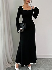 economico Vestito bianco-Per donna Abito maxi Tubino Casual Quotidiano Vestibilità regolare Semplice Manica Lunga Collo a U Nero Primavera Autunno Inverno