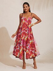 billiga Semesterklänningar-Dam Bandklänning Solklänning Sommarklänning Midiklänning Rubinrött Rem Tryck Reste sig Blommor V-ringad Mönster Asymetrisk fåll Vår &amp; sommar V-hals Sexig V-Front semester klänning Semester S M L