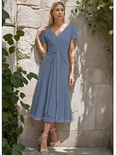 cheap Casual / Daytime Wedding-A-Line Mother of the Bride Dress Formal Wedding Guest Elegant Simple Minimalist V Neck Tea Length Chiffon Short Sleeve with Pleats Ruched