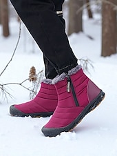 cheap Snow &amp; Winter Boots-Women's Burgundy Fur Lined Ankle Boots - Waterproof Winter Snow Shoes with Anti-Slip Rubber Sole, Warm Cozy Footwear for Outdoor and Casual Wear