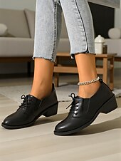 olcso Női fűzős bőrcipők-női fekete fűzős oxford cipő alacsony sarokkal - klasszikus lezser stílus, tökéletes irodai viseletre, mindennapi kirándulásokra és hétvégi alkalmakra