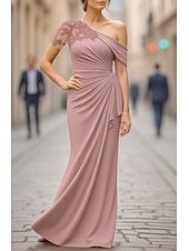 economico Abiti da sera a tubino-Tubino Colonna Lunghezza al pavimento Abito da Sera Da principessa Abito formale Elegante Manica Corta Monospalla Matrimonio Formale Vestito Rosa Crepe Elasticizzato con Applicazioni