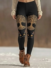  Dam Damasker Mysiga leggings Semester Vintage Etnisk Stil Fullängd Hög midja Grafisk Katt Tryck Bekväm Elastisk Ledigt Dagligen Semester Svart Gul Grön Mörkgrå Vår Höst Smal passform
