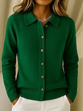 baratos Cardigã Liso-Mulheres Suéter Sueter Cardigan Férias Moda Casual Côr Sólida Estriado Aberto para a Lateral Colarinho de Camisa Botões Manga Longa Tops regulares Tricotar Diário Casa Feriado Vermelho Roxo Outono