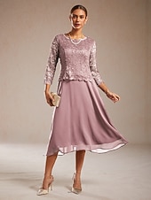 olcso Sifonruhákk-Női Midi ruha Sifon ruhák Elegáns Estély Esküvői vendég Flitter Csipke Normál Tömör szín Háromnegyedes Terített nyak Arcpír rózsaszín