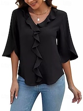 abordables Blusas Sencillas-Women's Blouse Ruffle Plain Elegant Stylish Long Sleeve V Neck Regular Tops Holiday Going out Black Pink Navy Blue Sky Blue Summer Spring Fall