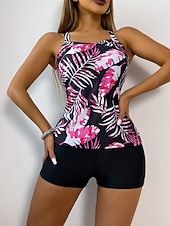 economico Tankini-Costume da bagno tankini da donna 2 pezzi pantaloni corti palma controllo pancia vita alta slinguato senza schiena vacanza in spiaggia scollatura a giro floreale senza maniche