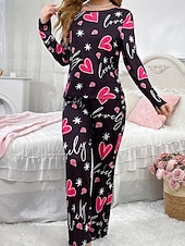 preiswerte Damen Schlafoberteile und -unterteile-Damen Schlafanzug Freizeitkleidung Schlafanzug Set Lässig Herz Satin-Seidenpyjamas Elastischer Bund Hose Täglich Heim Urlaub Langarm Rundhalsausschnitt Fuchsie Herbst Winter Lässiger Schnitt