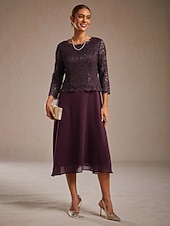  Dámské Midi šaty Šifonové šaty Elegantní Pevná barva 3/4 délka rukávu Tričkový Fialová