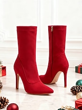 ieftine Botine-Ghete roșii cu vârful ascuțit din piele întoarsă pentru femei – ghete elegante cu toc înalt și fermoar pentru petreceri de Crăciun, ocazii speciale și modă de iarnă