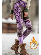ieftine Imprimare viking-Legginguri fleece căptușite pentru femei Viking Boho Vacanță Vintage Stil etnic Lungime întreagă Talie înaltă Model geometric Print 3D Termic Cald Antivânt Confortabil Elastic Acasă Zilnic Galben Mov
