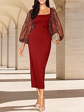 cheap Tea Length-Sheath / Column Floor Length Ankle Length Cocktail Dress Long Sleeve Square Neck Elegant Vintage Party Formal Velvet Polyester Mother of the Bride Dress with Sequin Split Front