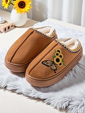 Χαμηλού Κόστους Γυναικείες Παντόφλες &amp; Σαγιονάρες-Γυναικείες παντόφλες με τυπωμένο ηλιοτρόπιο - ζεστά παπούτσια εσωτερικού χώρου με επένδυση από φλις και σχέδιο πεταλούδας, άνετα υποδήματα για το σπίτι για χειμερινά δώρα