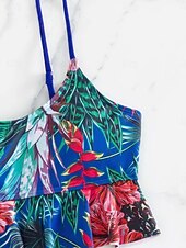 levne Tankiny-Dámský tankini 2-dílný plavecký úbor s řasením palm šortky kontrola břicha vysoký pas štíhlé bez zad dovolená plážové oblečení květinový kulatý výstřih bez rukávů