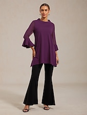 billiga skjortor, toppar och blusar-damblus vinröd enfärgad chiffong tencel roma lapptäcke volang 3/4 ärm hög krage casual elegant vår sommar höst