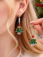 ieftine Cercel de damă-Bijuterii acrilice de Crăciun pentru femei – colier și cercei cu brad festiv și funde roșii, perfecți pentru petreceri și sărbători