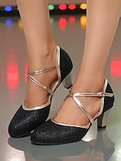 billige Klassiske pumper-Svarte damesko med glitterkryss – elegante ballroom-pumps med gulldetaljer for uteliv, fester og kveldsarrangementer