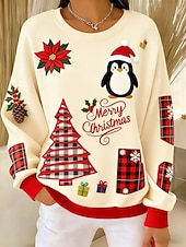 abordables Sweat de Noël-Femmes Sweatshirt Pull Graphique Arbre de Noël Occasionnel manche longue Col ras du cou Hauts Réguliers Rue Tenue Quotidienne Occasionnel Patchwork Jaune Rouge Vert Beige Automne Hiver