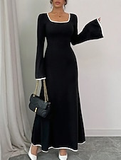 economico Vestito bianco-Per donna Abito maxi Tubino Casual Quotidiano Vestibilità regolare Semplice Manica Lunga Collo a U Nero Primavera Autunno Inverno