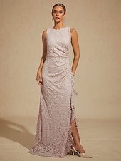 abordables Robe de cocktail-Robe longue fourreau élégante pour femme, idéale pour un mariage, une soirée ou une invitée. Coupe classique, ornée de sequins, de dentelle et de volants, fendue, unie, sans manches, col bateau, rose